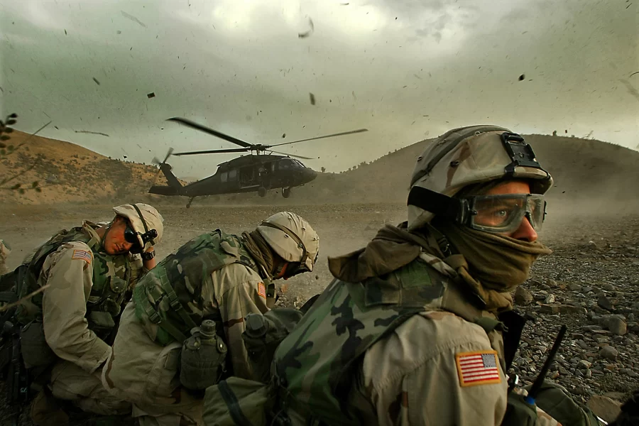 Soldiers of the 82nd Airborne Division prepare to extract after a mission in southeastern Afghanistan. (Early 2000s, Rick Loomis/Los Angeles Times)