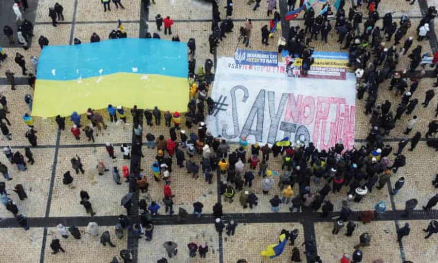 Anti-Putin protesters rally in Kyiv, Ukraine, on January 9, 2022. Credit: Valentyn Ogrienko/Reuters