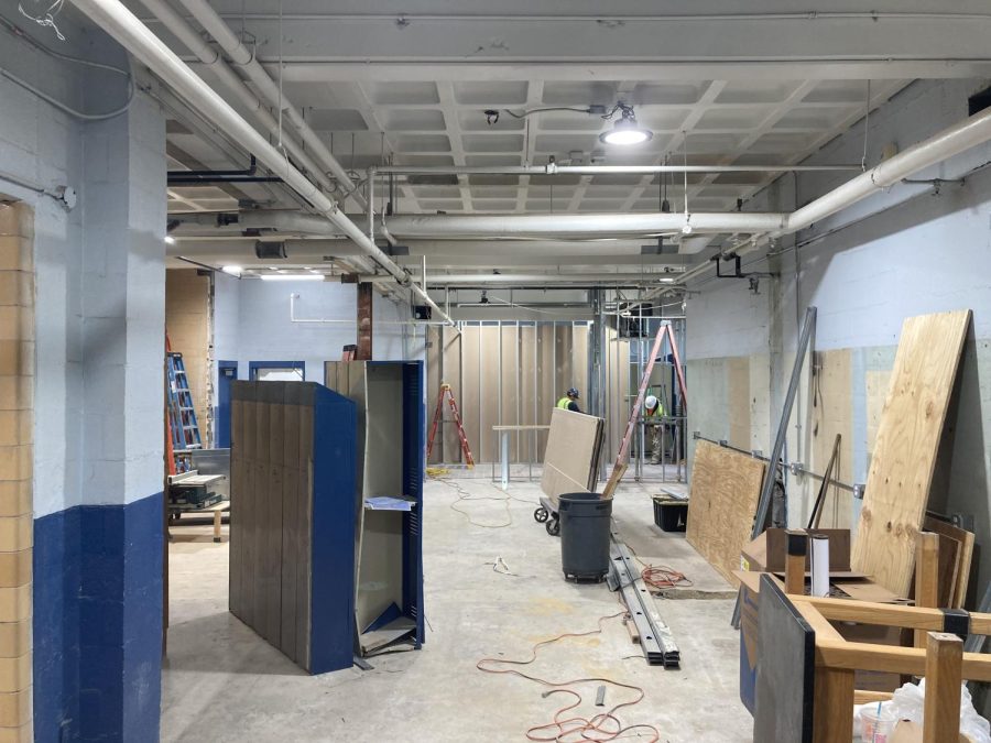The old locker room below the original gym is being converted into a swing space while the Cross Center for Engineering, Arts & Robotics is constructed.