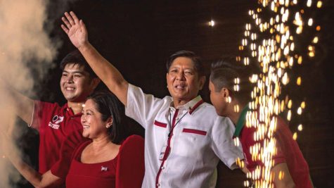 Ferdinand Marcos, Jr., appears on stage with his family during a rally. The Marcos family is notorious, among other things, for its nepotism, as Marcos, Jrs son Sandro (left of Marcos) recently became a representative of Ilocos Norte. Credit: Getty Images