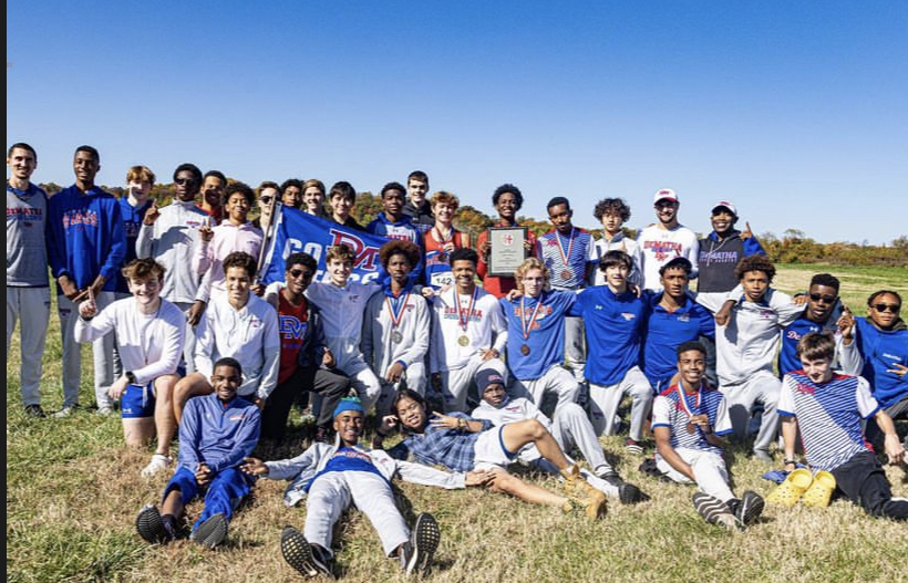 The 2022 squad poses with the trophy after our win at WCAC championships.

Photo Credit: @demathaxc